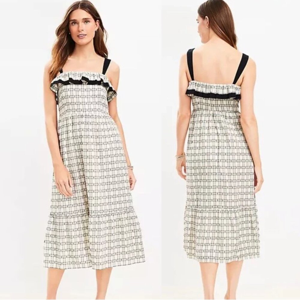 NWT ANN TAYLOR LOFT Plaid Swiss Dot Check Ruffle Square Neck Midi Dress Size 14